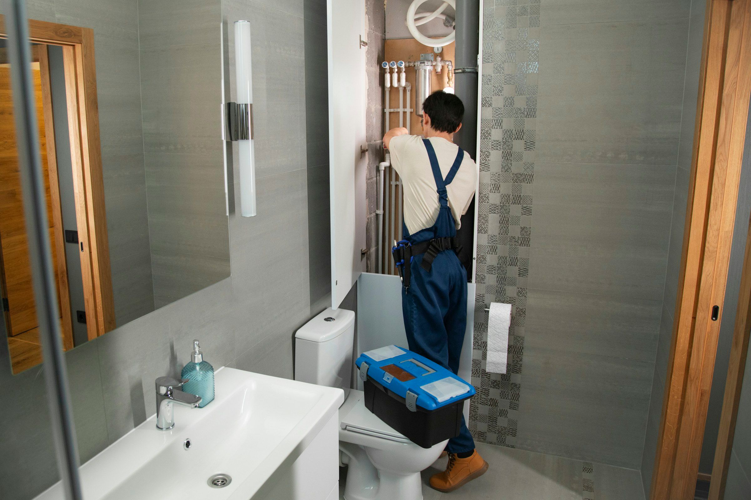 Installateur in Arbeitskleidung bei Arbeiten in einem Badezimmer